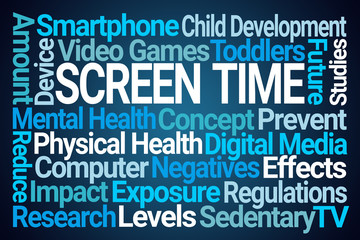 Screen Time Word Cloud on Blue Background