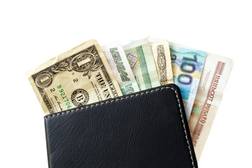 Cash from different countries in a leather wallet isolated on white background
