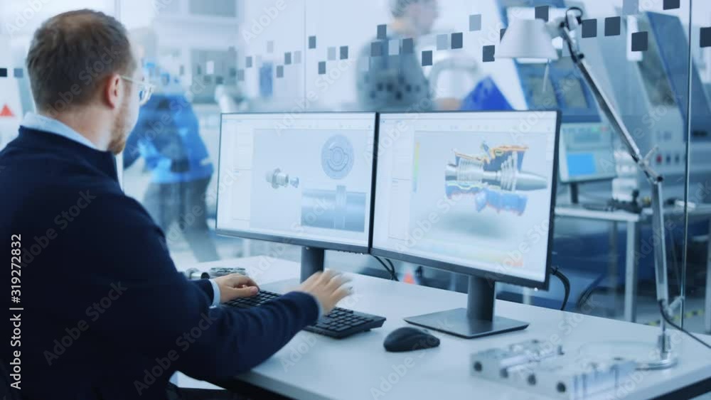 Poster Industrial Engineer Solving Problems, Working on a Personal Computer, Using Mouse and Keyboard, Two Monitor Screens Show CAD Software with Machine Equipment in 3D. Focus on Hands