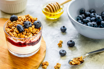 Healthy breakfast from yoghurt with muesli and berries on kitchen table