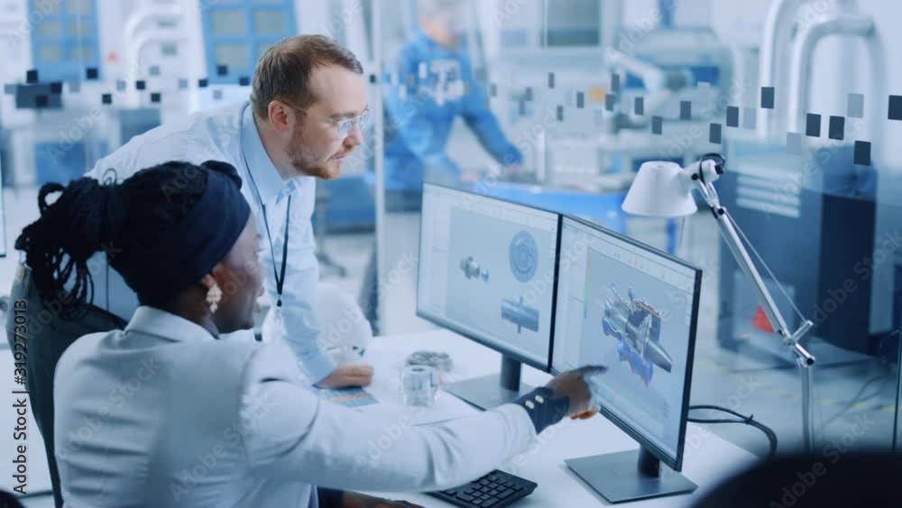 Poster modern factory: male project supervisor talks to a female industrial engineer who works on computer.