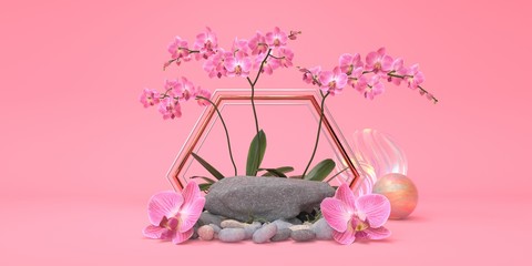 Pink studio with rock podium and orchid flowers pastel color for cosmetic or product 3d render