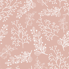 Decorative seamless pattern vector. Hand drawn doodle vector Christmas branches, leaves and berries on a pink background. Pattern for design cards, wedding invitations, wallpaper, wrapping paper.