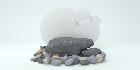 Simple white stage background whit rocks for cosmetic or product 3d render
