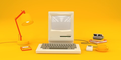 Simple composition with old computer on green 3d render