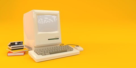 Old computer on yellow background 3d render