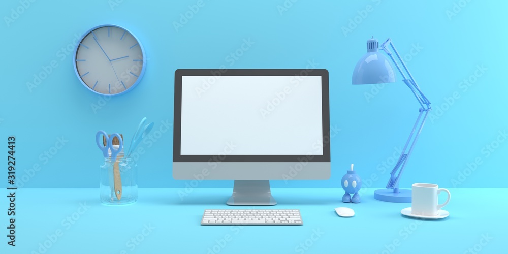 Aufkleber simple mock up composition with computer on blue background pastel color 3d render