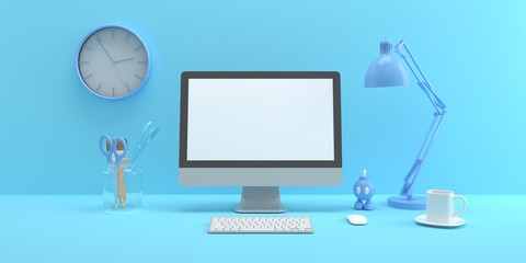 Simple mock up composition with computer on blue background pastel color 3d render