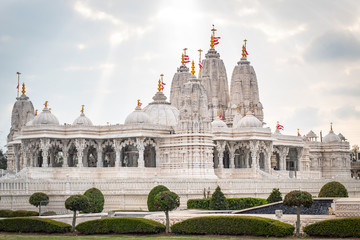 White Houston Hindu temple on a cloudy day