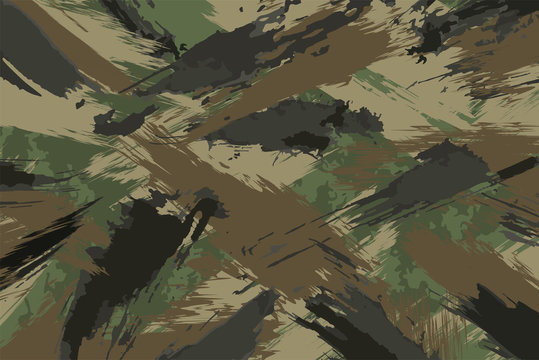 Brush Stroke Seamless Camouflage Print. Pattern Green brown black olive colors forest texture. Fabric and fashion textile paint. Camouflage pattern background. Vector Seamless Camouflage. Vector