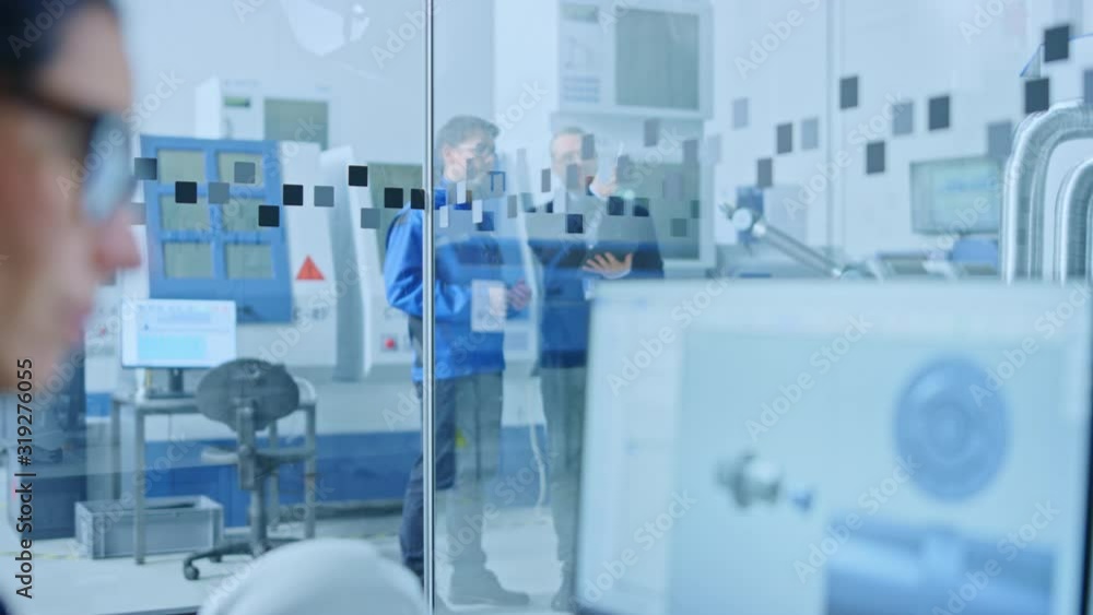 Poster Camera Moving From Two Engineers Talking to Female Industrial Engineer Using Computer, Designing Zero-Emissions 3D Engine in CAD Software. High-Tech Heavy Industry Factory with Working CNC Machinery