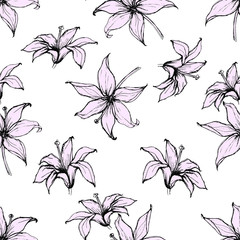 Seamless floral pattern with hand-drawn lilies, monochrome and pink. Endless texture for your design, romantic greeting cards, ads, fabrics.