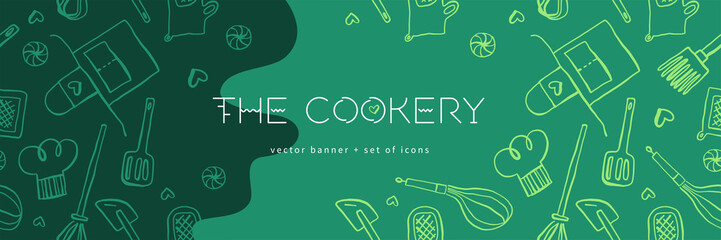 Cooking banners with hand drawing linear illustrations for restaurant. Cooking courses banner. Cooking utensils vector. Vector templates for bakery shop background.