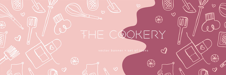 Cooking banners with hand drawing linear illustrations for restaurant. Cooking courses banner. Cooking utensils vector. Vector templates for bakery shop background.