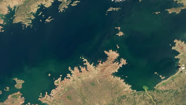 Satellite view of Lake Kariba water reservoir in Africa, drying and diminishing water level time lapse. Images furnished by Nasa