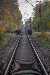 Germany,Autumnal view of a single-track electrified railway line with a bridge