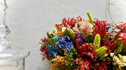 Colorful macro flower arrangement. Floral composition from exotic plants and flowers