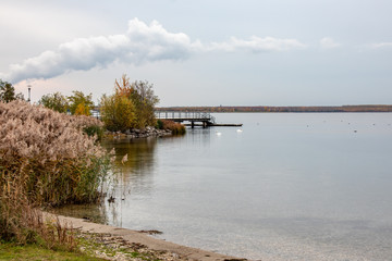 Autumnal view from Lake Cospudener See a former brown coal opencast mine in the south of Leipzig,Saxony in Germany