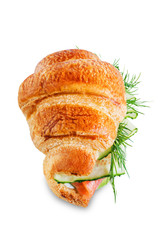 Smoked salmon ricotta cheese cucumber avocado croissant on a white isolated background