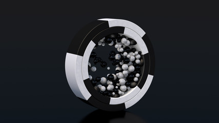 Fototapeta na wymiar Black and white rings and glass balls. Abstract illustration, 3d rendering.