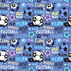 Bright multi-colored seamless pattern with soccer ball and lettering for children. Sports background for textiles. Football wallpapers for a boy. Grunge ball, doodle star, heart, crown..