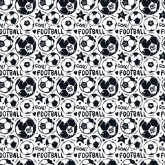 Sketch seamless pattern with soccer balls. Black sports background for design cards, print for textiles. Grunge style, lettering, hand written phrases, slogan. Football wallpaper for a boy..