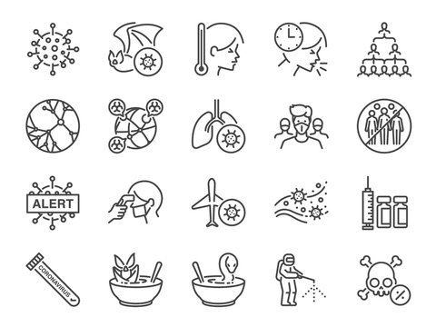 Coronavirus line icon set. Included icons as Wuhan, virus, outbreak, contagious, contagion, infection and more.