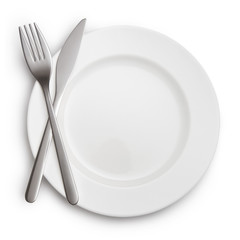 Fork and knife crossed on white plate, isolated on white background