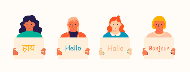 Various ladies holding board or sign. Word Hello in different languages. Different race, age, clothes, various haircuts. Hand drawn vector set. Trendy illustration. All elements are isolated