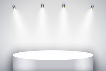 White presentation circle podium on light backdrop with four spotlights. Editable Background Vector illustration.