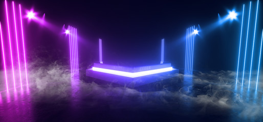 Smoke Neon Glowing Spotlights Laser Lines Blue Purple Pantone Sci Fi Futuristic Hall Garage Podium Construction Dark Empty Cyber Alien Spaceship 3D Rendering