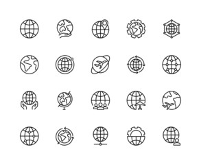 Earth globe line icons. Global planet world icon set editable strokes. Simple linear vector illustration