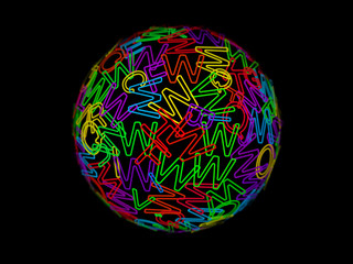 Globe or sphere made of random colored letters of English alphabet. Abstract visualization of digital education and communication technology. Learning English online background. Vector illustration.