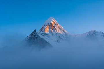 Sunset view of Ama Dablam Peak and Amphu Gyabjen from Chhukhung, Sagarmatha National Park, Everest...