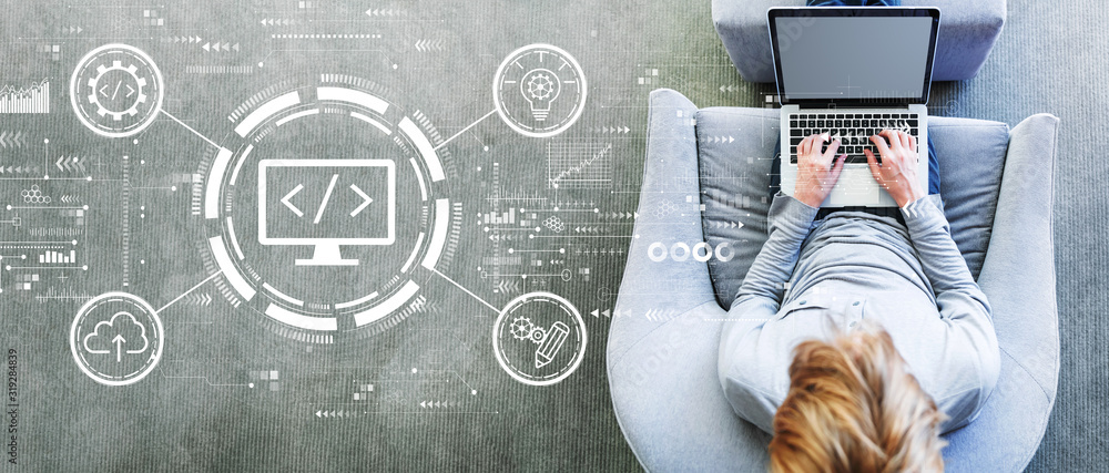 Poster web development concept with man using a laptop in a modern gray chair