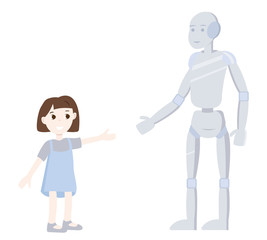 Vector illustration of a girl and a cute robot. Friendship with a robot.