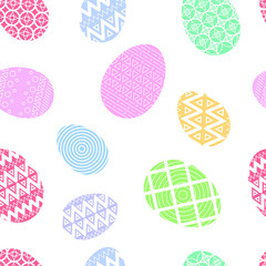 Happy Easter. Seamless pattern of Easter eggs with different texture on a white background. Spring holiday. Vector illustration. Happy easter eggs
