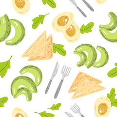 Vector seamless pattern of healthy vegan breakfast ingredients. Avocado slices, toasts, eggg and lettuce. Сartoon style illustration.