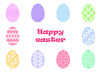 Happy Easter. Set of Easter eggs with different texture on a white background. Spring holiday. Vector illustration. Happy easter eggs