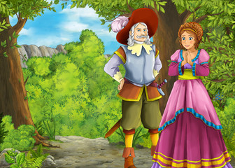 cartoon scene with mountains valley near the forest with prince and princess