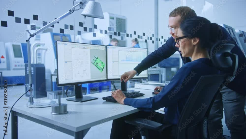 Poster modern electronics factory: male supervisor talks to a female electrical engineer who works on compu