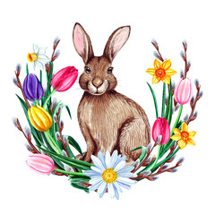 Watercolor spring easter composition with rabbit, flowers and pussy willow. Isolated on white background.