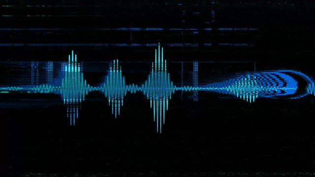 Glitch Audio Wave Blue. Dynamic abstract waveform with glitch effects in vibrant blue tones. Ideal for tech intros, audio visualizations, digital media, futuristic themes, and music videos.