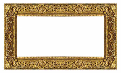 Panoramic golden frame for paintings, mirrors or photo isolated on white background