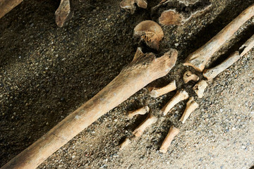 Excavation of graves. Ancient remains of body. Exhumation. Selective focus. Abandoned archeological site. Studio lighting