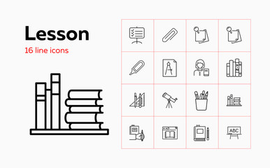 Lesson icons. Set of line icons. Teacher, stationary, blackboard, textbooks. Education concept. Vector illustration can be used for topics like studying, school, library