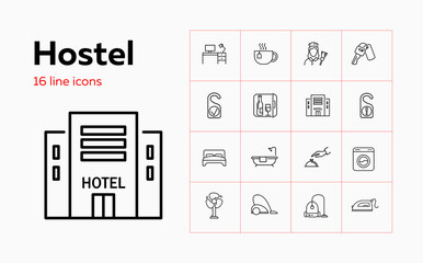 Fototapeta na wymiar Hostel line icon set. Door sign, hotel building, pool, receptionist. Hotel service concept. Vector illustration can be used for topics like travel, vacation, hospitability