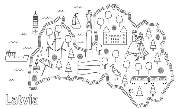 Coloring page for children. Travel map of Latvia. Latvian flag and symbols, animals and infrastructure. Black and white illustration.