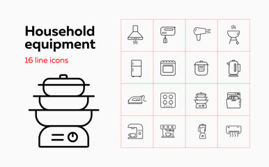 Household equipment line icon set. Set of line icons on white background. Household concept. Iron, microwave, oven, mixer. Vector illustration can be used for topics like home, kitchen, technics