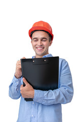 Builder in hardhat, man smiling and holding a notepad, takes notes, isolated background, copy space